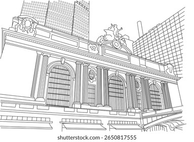 Ilustração detalhada da arte da linha do icônico Grand Central Terminal na cidade de Nova York, mostrando sua magnífica arquitetura Beaux-Arts, grande fachada, janelas arqueadas e esculturas famosas.