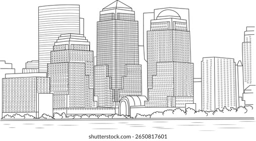 Detailed line art illustration of the iconic New York City skyline, featuring prominent Manhattan skyscrapers and buildings with abstract representation of waterfront and urban parkland.