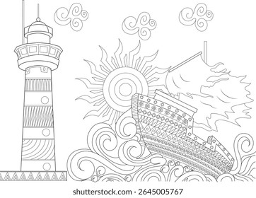 Detailed Line Art Illustration of a Lighthouse and Sailing Ship on Stylized Waves under the Sun, Perfect for Adult Coloring Books and Nautical Design Projects