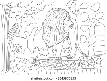 Detailed line art illustration of a majestic male lion standing proudly in a jungle or zoo enclosure, featuring lush trees, foliage, and rock formations, ideal for coloring and education.