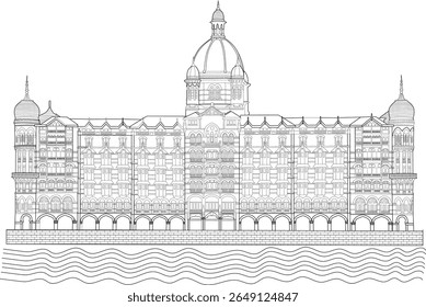 Ilustração detalhada da arte em linha do majestoso Taj Mahal Palace Hotel em Mumbai, Índia, um marco icônico e histórico hotel de luxo, perfeito para viagens, arquitetura e projetos culturais.