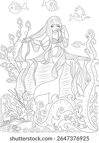Ilustração detalhada da arte da linha de uma sereia em um mundo de fantasia aquática, ideal para atividades de coloração das crianças e artesanato criativo.