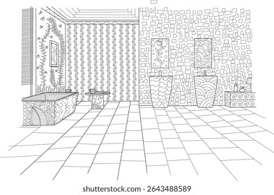Ilustração detalhada da arte da linha de um banheiro moderno Interior, preto e branco desenhado à mão ilustração da arte da linha de um interior do banheiro contemporâneo. Possui uma banheira decorativa, pias únicas,