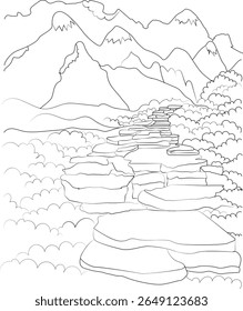 Detailed line art illustration of mountains and a path, ideal for nature-themed projects, coloring, and simple graphic designs.