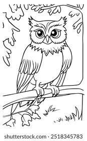 A detailed line art illustration of an owl perched on a tree branch, surrounded by leaves. Perfect for kids' coloring activities and educational purposes.