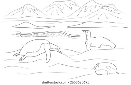 Detailed line art illustration of a penguin family (chick, adult, and sliding penguin) in a vast, icy Antarctic landscape with majestic mountains, ideal for coloring books and educational content.