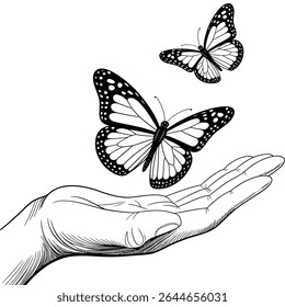 Uma ilustração detalhada da arte da linha mostra duas borboletas monarca em voo acima de uma mão humana estendida delicadamente processada contra um fundo branco O estilo é reminiscente de botânica vintage 