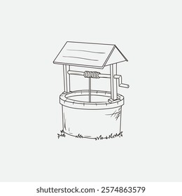 Detailed line art illustration of a traditional wishing well with handle, roof, and grassy base.