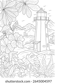 Detailed Line Art Illustration of a Tropical Landscape Featuring a Coastal Lighthouse Nestled Among Exotic Plants and Distant Mountains, Perfect for Coloring Pages, Backgrounds, and Creative Projects
