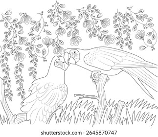 Detailed Line Art Illustration of Two Parrots on a Branch Surrounded by Intricate Floral and Leaf Designs, Perfect for Coloring Books or Nature-Themed Artwork