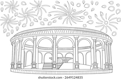 Ilustração detalhada da arte da linha do pavilhão festivo estilo Utsav Chowk, com fogos de artifício e design intrincado, ideal para colorir.