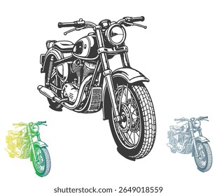 Detailed line art illustration of a vintage motorcycle, with two smaller color variations included for visual interest and comparison.