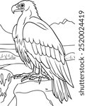 A detailed line art illustration of a vulture standing on a rock with a scenic mountain backdrop. Perfect for nature-themed coloring activities and wildlife education.