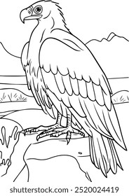 A detailed line art illustration of a vulture standing on a rock with a scenic mountain backdrop. Perfect for nature-themed coloring activities and wildlife education.