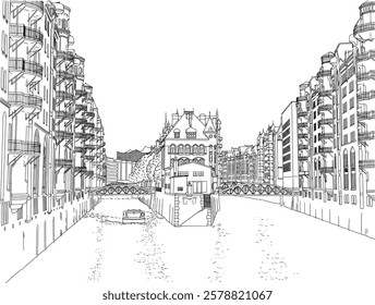 Ilustração detalhada da arte da linha de Wasserschloss em Speicherstadt, Hamburgo. O desenho captura os icônicos canais, pontes e edifícios históricos de tijolos do distrito de armazéns listado pela UNESCO.