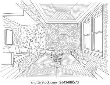 Detailed Line Art Interior Design Drawing, Black and white intricate line drawing illustrating a modern interior living and dining space filled with abstract patterns on walls, ceiling, floor, and
