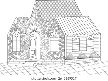 Detailed Line Art of a Medieval-Inspired House with Elaborate Patterns, Perfect for Coloring and Artistic Endeavors