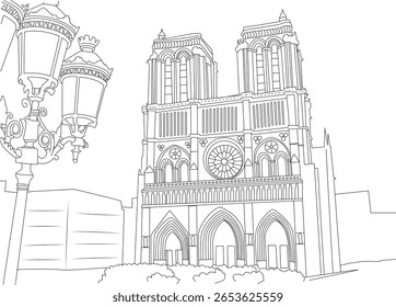 Detalhada arte de linha da Catedral de Notre-Dame e um clássico poste de luz parisiense, icônica arquitetura francesa e ilustração de cena de rua.