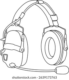 Detailed line art outline of a headset with microphone, ideal for tech illustrations, coloring books, and communication designs