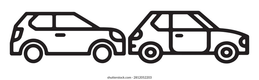 Detailed line art outlines of two compact hatchback cars parked side by side. Focus on exterior details.