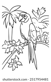 A detailed line art of a parrot perched on a branch amidst tropical palm trees and flowers, ideal for kids' coloring activities and educational purposes.