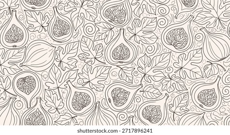 Detailliertes Linien-Kunstmuster mit ganzen und halbierten Feigen mit dekorativen Blättern und wirbelt auf einem warmen beigen Hintergrund.