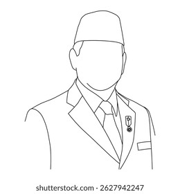Linha de Arte Detalhada, Representando Potencialmente um Presidente Indonésio, Contorno Complicado: Figura Formal com Songkok e Medalha, Possivelmente um Líder Indonésio