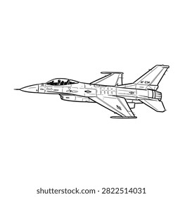 A detailed line art profile view of the F 16 Fighting Falcon military jet fighter. This clean black and white outline design is perfect for aviation enthusiasts design