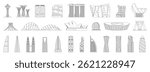 A detailed line art set featuring modern architectural landmarks, including skyscrapers, towers, museums, stadiums, and futuristic buildings. Celebrates global contemporary design, vector illustration