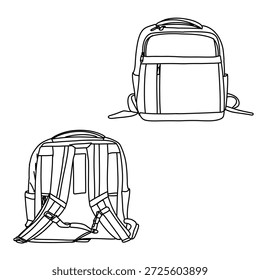 Arte em linha detalhada mostrando uma mochila das perspectivas frontal e traseira, ideal para projetos educacionais ou de design
