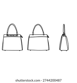 Detailed line art showcasing a structured handbag from front and side perspectives, highlighting its design and form.