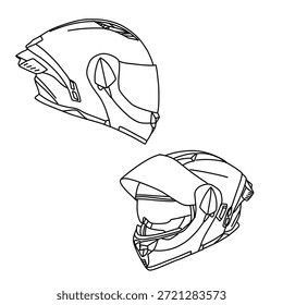 Detailed line art showcasing two different styles of motorcycle helmets, perfect for technical drawings or safety illustrations.