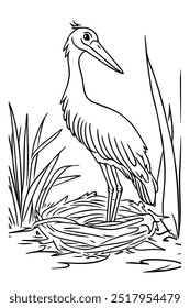 A detailed line art of a stork standing in its nest surrounded by wetland reeds, perfect for kids' coloring activities and nature-themed education