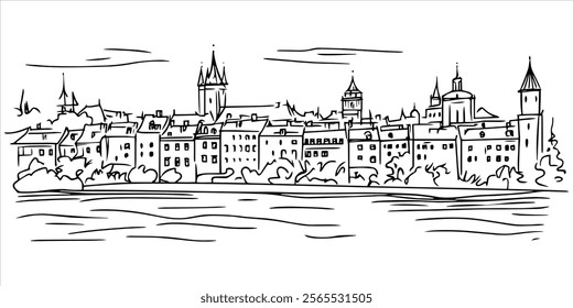 detailed line art of a town with distinct architecture and a river view