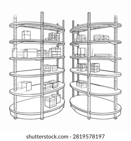 Detailed line art of two circular multi-story building frameworks showcasing structural design and construction elements.