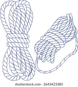 Detailed line art of two coiled ropes, perfect for nautical themes, boating illustrations, marine product design, or camping and survival gear branding in minimalist vector style.