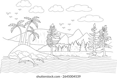 Detailed line art of a unique landscape blending tropical and mountain scenery with sea life, perfect for coloring or illustration.