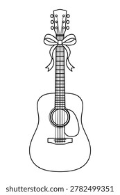 Detailed line art vector of acoustic guitar embellished with festive ribbon for musical celebration.