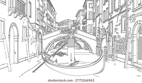 Detailed line art vector of a classic romantic Venetian gondola boat floating down a calm historic water canal in Italy.