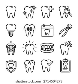 Conjunto detallado de iconos de Vector de arte de línea para salud dental, odontología, cuidado de los dientes e higiene oral.