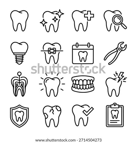 Detailed line art vector icon set for dental health, dentistry, teeth care, and oral hygiene.