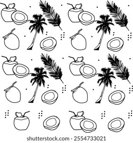 A detailed line art vector illustration featuring coconut fruit patterns, coconut leaves, and coconut trees in black and white. Ideal for tropical-themed designs and backgrounds