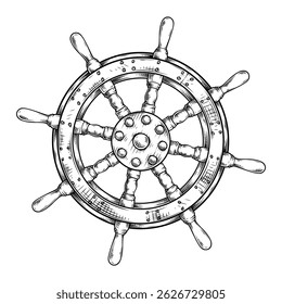 detailed line art vector illustration of hand drawn ship's wheel