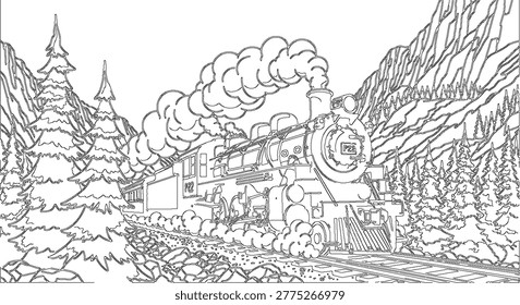 Detailed line art vector illustration of a classic historic steam locomotive train chugging along tracks through a mountain landscape.