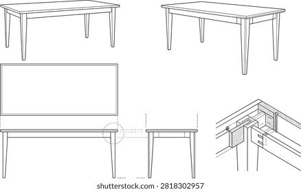 Detailed line art vector schematic illustrating a minimalist wooden dining table from multiple angles, including orthographic projections and structural corner joint assembly. Perfect for woodworking projects, furniture assembly manuals, architectural plans, and interior design mockups.