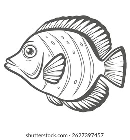 A detailed line drawing of an African Butterfly Fish (Pantodon buchholzi). The illustration showcases the fish's unique features, including its large eyes, distinct fins, and patterned body. 