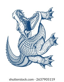 A detailed line drawing of an alligator in a dynamic pose, showcasing its powerful jaws and textured scales
