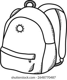 A detailed line drawing of a backpack with a front pocket and handle. The illustration highlights the bag's stitching and zipper in a clean style. Cartoon vector illustration