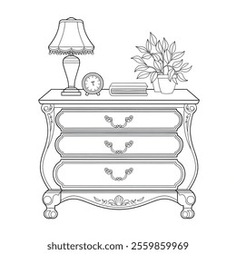 A detailed line drawing of a beautiful nightstand in a vector style, designed for a coloring page 