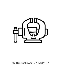 A detailed line drawing of a bench vice tool holding an object firmly in place, ideal for workshop or industrial contexts.
